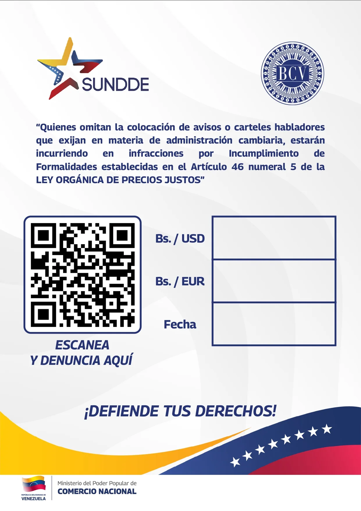 Cartel de la SUNDDE con las tasas de cambio del día